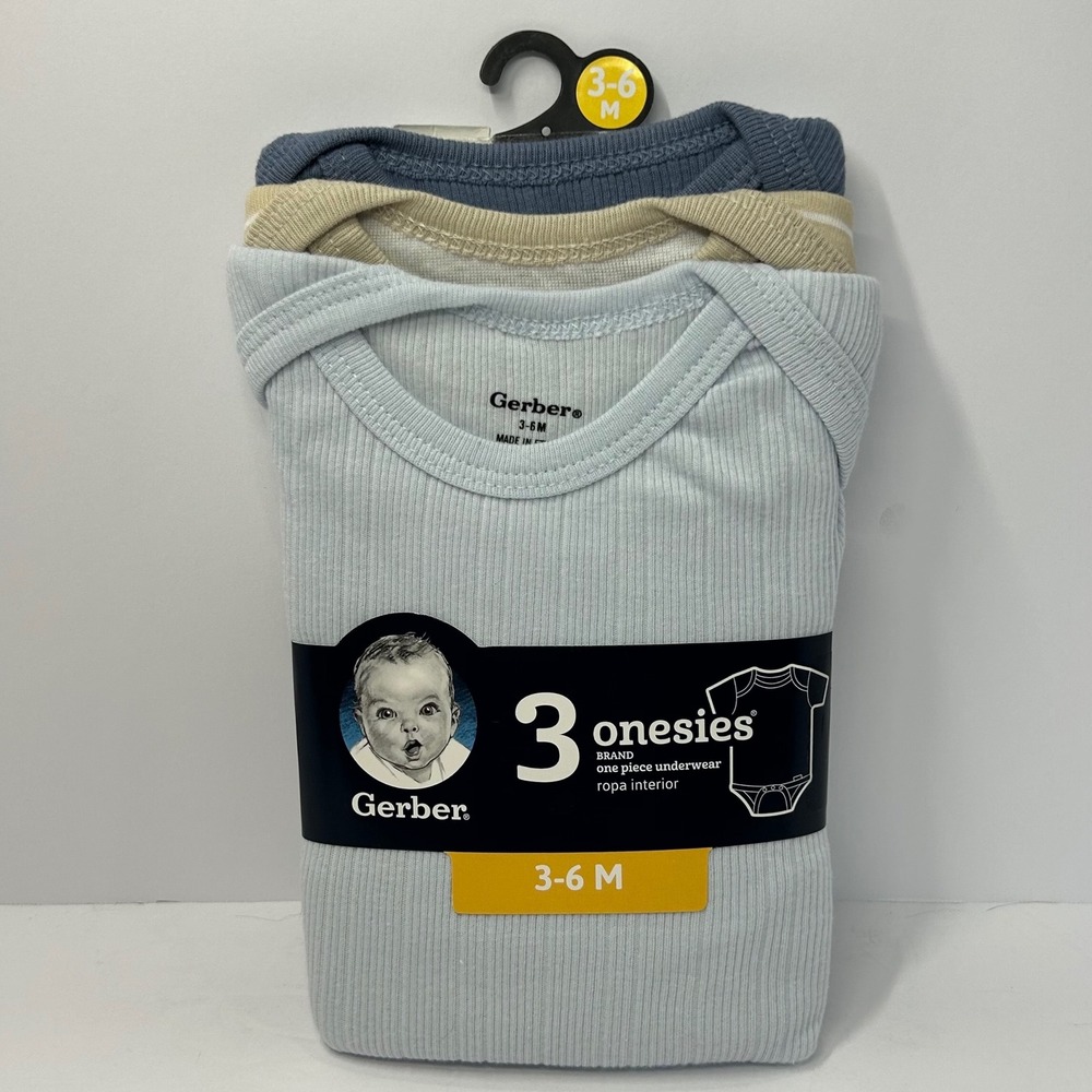 Gerber Onesies 3 Pack Baby Bodysuits 3-6 Months Blue Tan Ribbed Cotton NEW